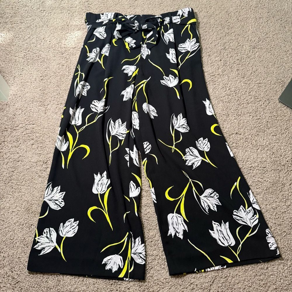 Halogen Women’s Relaxed Wide Leg Black Floral Tie Waist Pants Vacation Medium